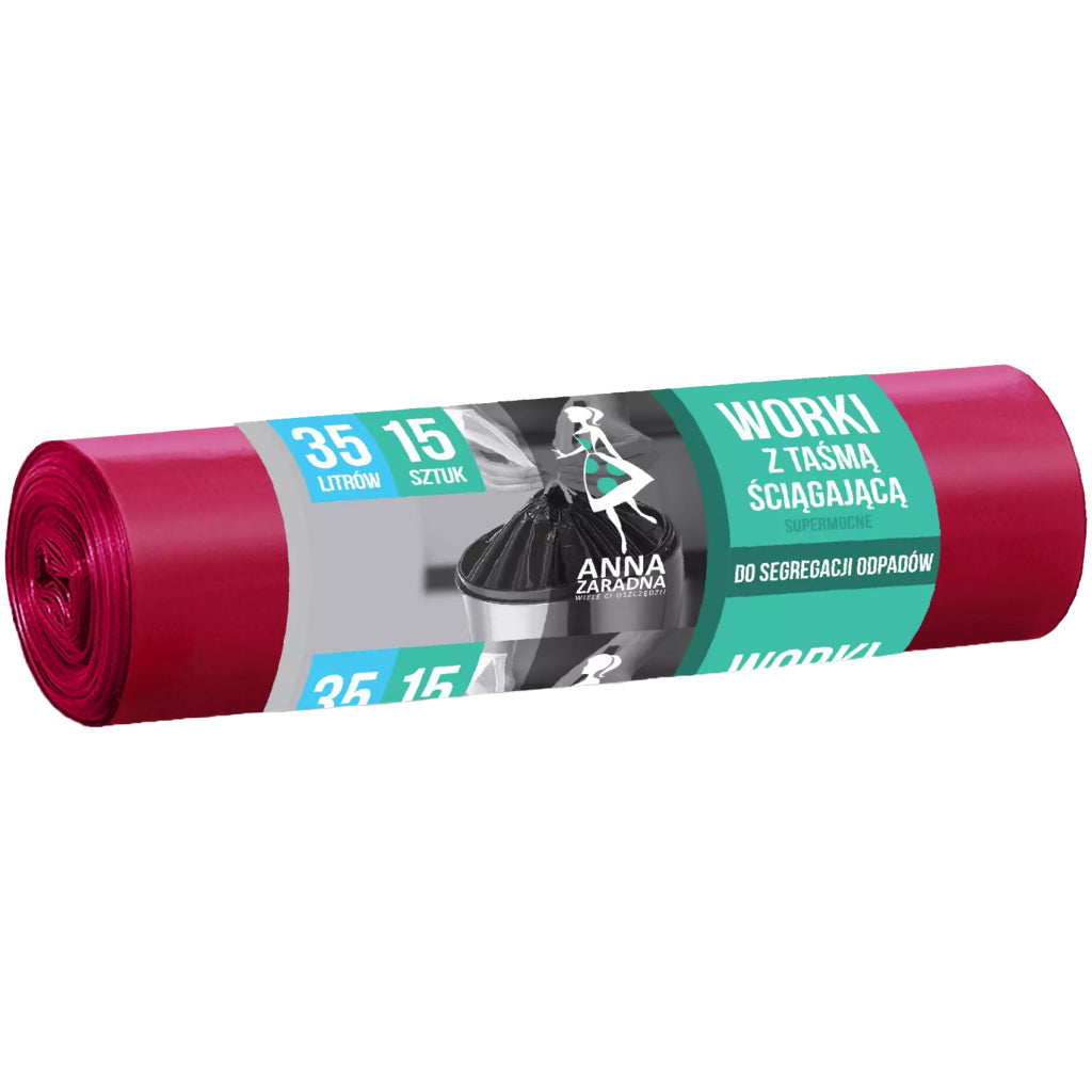 Anna Zaradna Red Heavy-Duty Drawstring Garbage Bags, 35 L, 15 pcs
