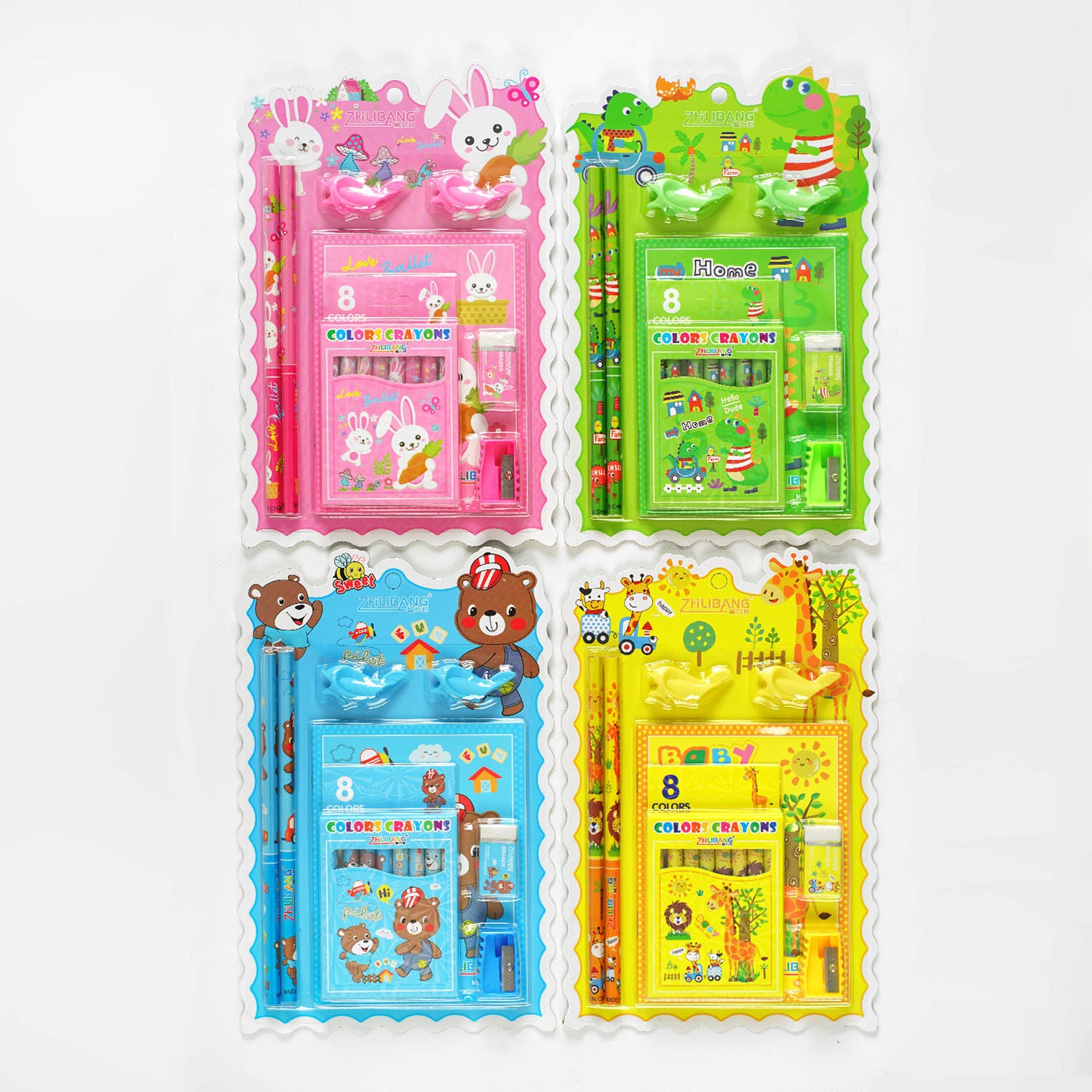 Zhubang C 60749 Stationery Set with 2 Pencils, Notebook, Wax Crayons, Eraser, Sharpener & Pencil Decorations