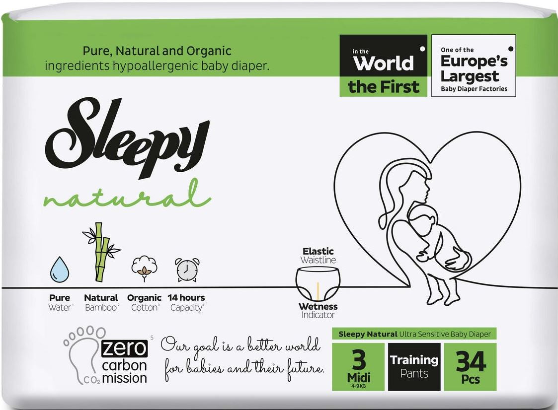 Sleepy Natural Size 3 Baby Pull-Up Diaper Pants, 4-9 kg, 34 pcs