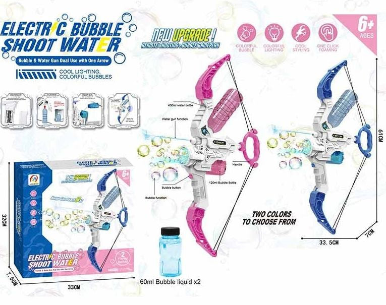 777-25A 2-in-1 Toy Bow with Pump-Action Water Gun, Bubble Blower, Lights & Bubble Solution