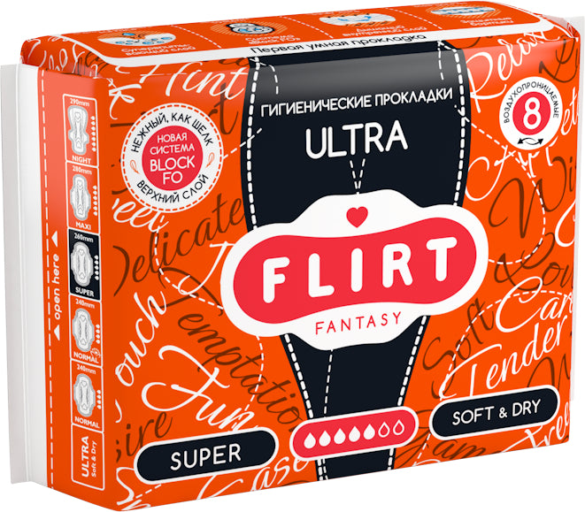 Fantasy Flirt Ultra Soft & Dry Super Sanitary Pads, 5 Drops, 8 pcs