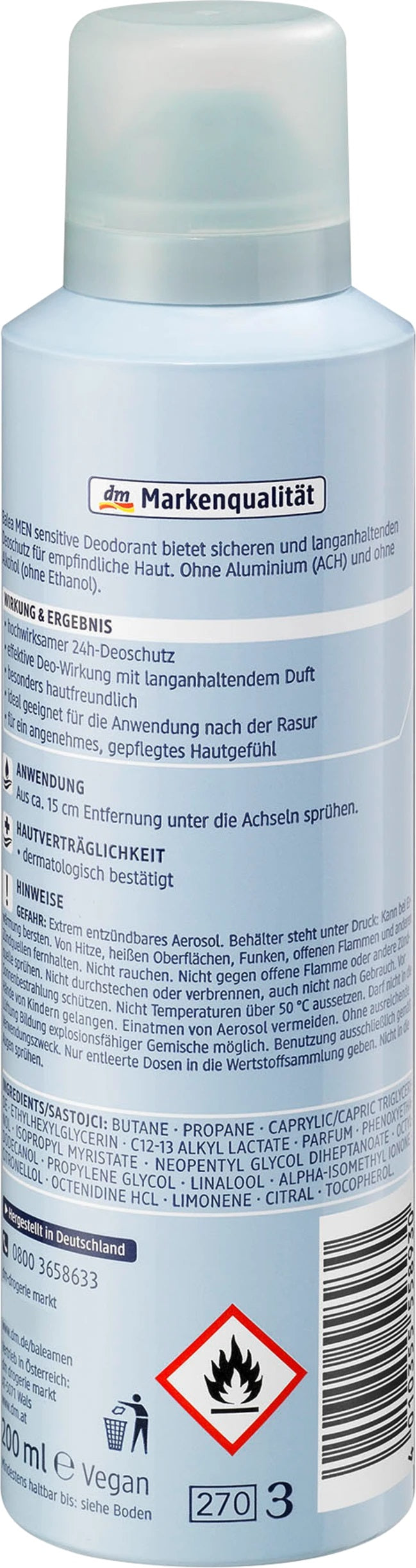 Balea Men Sensitive Aerosol Antiperspirant Deodorant, 200 mL - Image 2