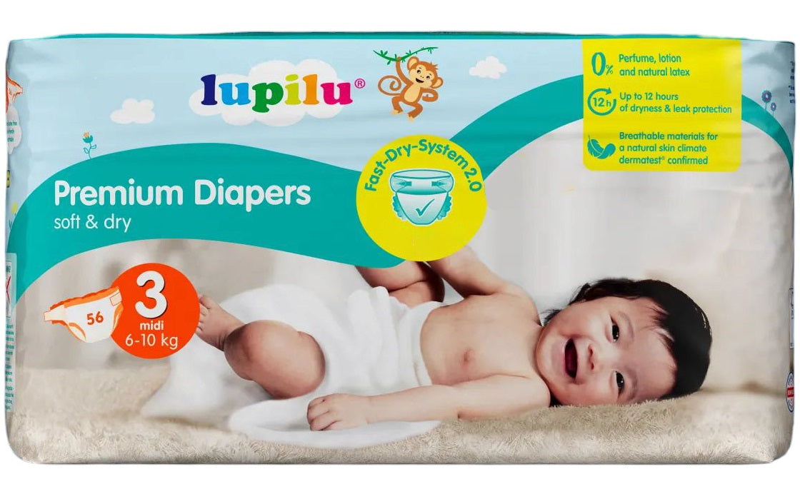 Lupilu Premium Soft & Dry Size 3 Baby Diapers, 6-10 kg, 56 pcs