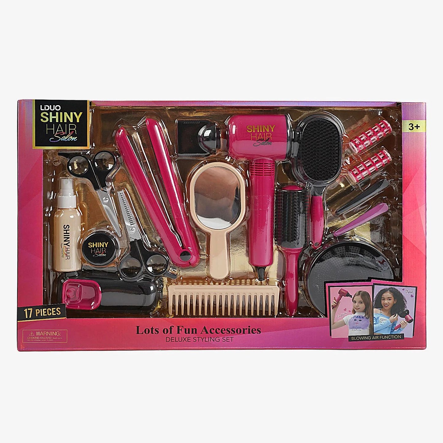 Shiny Hair Salon 626026 Hairdresser Play Set with Air-Blowing Hair Dryer, Styler & 17 Accessories