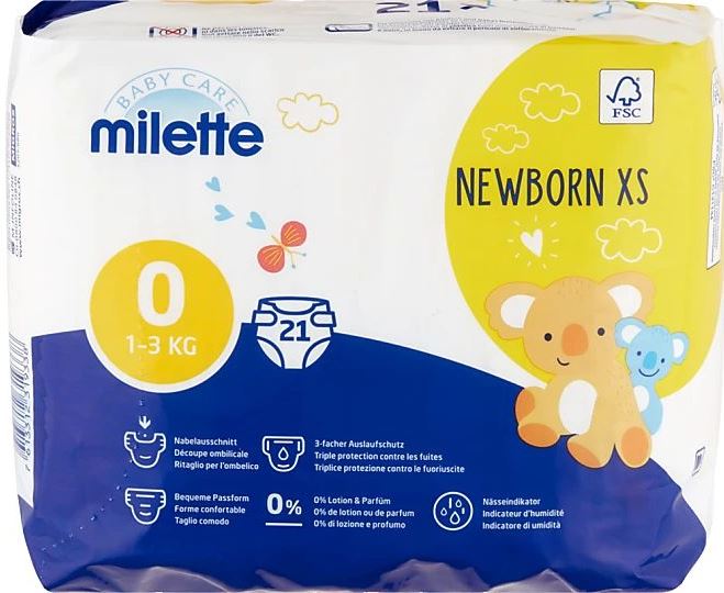 Milette Baby Care Size 0 Baby Diapers, 1-3 kg, 21 pcs