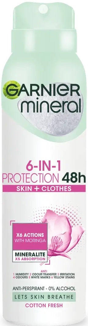 Garnier Mineral 6-in-1 Cotton Softness Women's Antiperspirant Spray, 150 mL