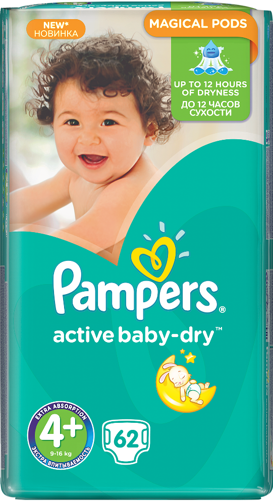 Pampers Active Baby-Dry Size 4+ Baby Diapers, 62 pcs, 9-16 kg