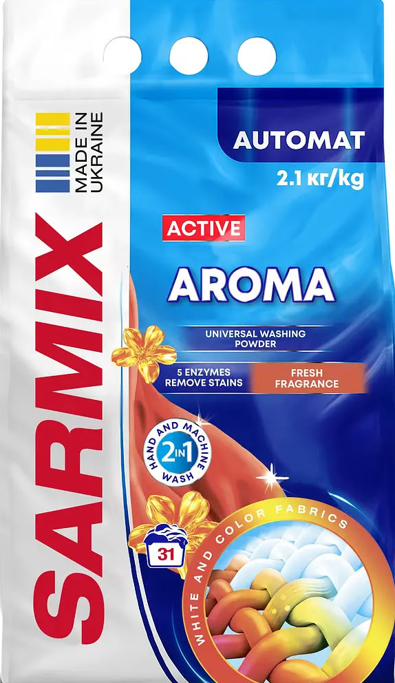 Sarmix Active Aroma Laundry Detergent Powder for All Wash Types, 31 Loads, 2.1 kg