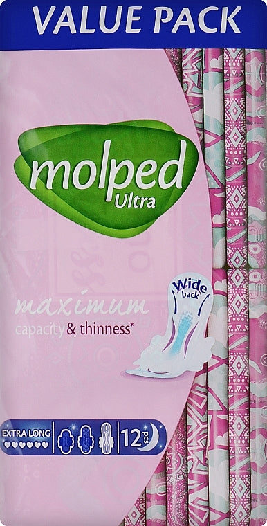 Molped Ultra Duo Night Extra Long Sanitary Pads, 6-Drop Absorbency, 12 pcs