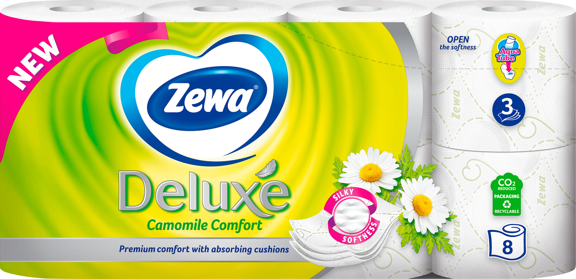 Zewa Deluxe Camomile Comfort 3-Ply Toilet Paper, 8 Rolls