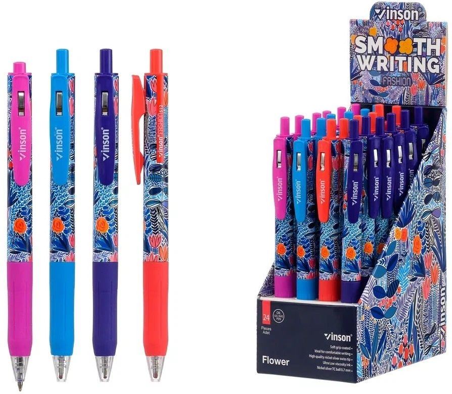 Vinson Flower Retractable Blue Oil-Based Ballpoint Pen, 0.7 mm