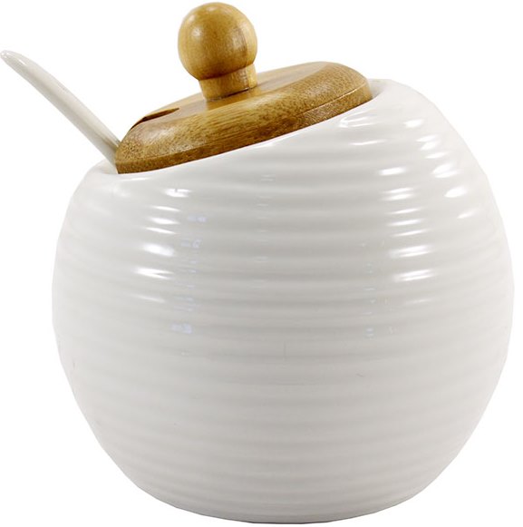 Interos PJ03396 Porcelain Sugar Bowl with Spoon & Wooden Lid, 320 mL