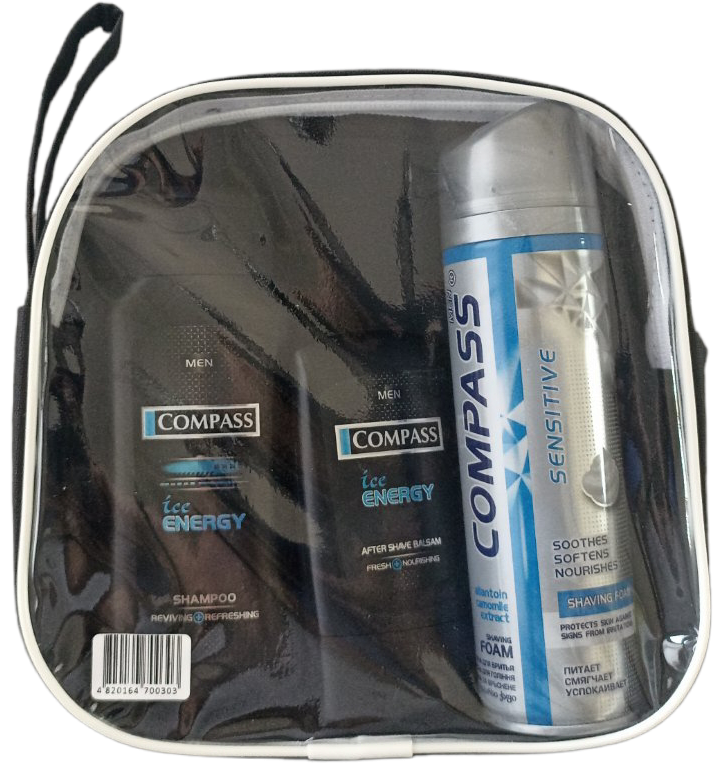Compass Ice Energy Men's Toiletry Bag Gift Set: Shaving Foam, Aftershave Balm & Shampoo