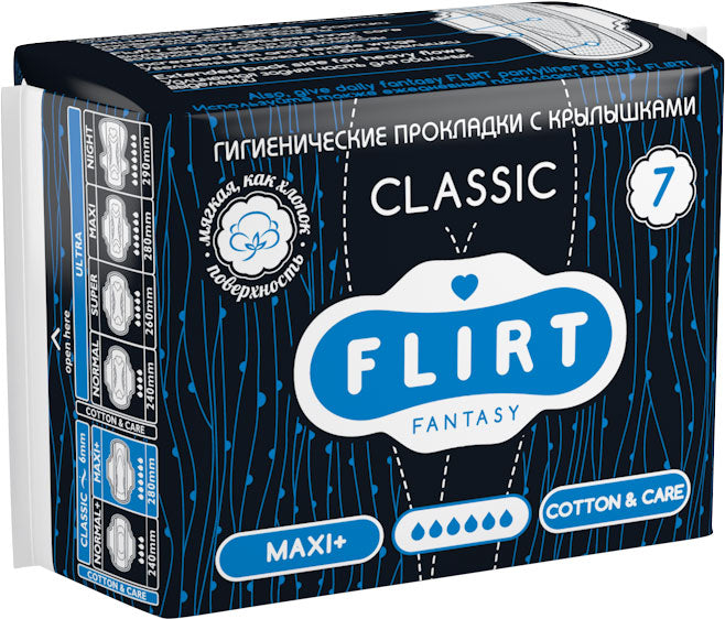 Fantasy Flirt Classic Cotton & Care Maxi+ Sanitary Pads, 6 Drops, 7 pcs