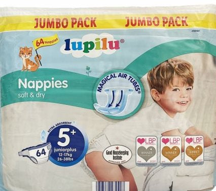 Lupilu Soft & Dry Jumbo Pack Size 5+ Baby Diapers, 12-17 kg, 64 pcs