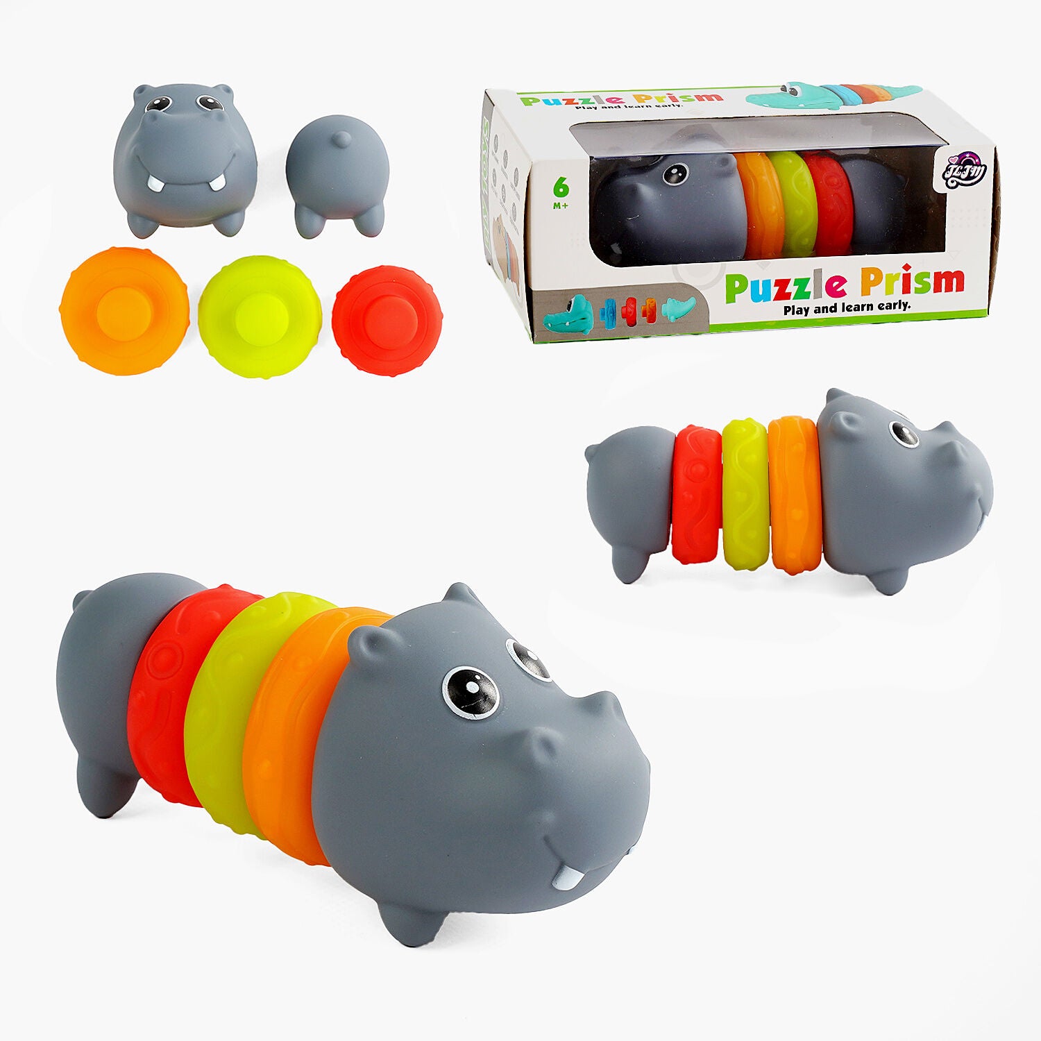 XQ 9934 C Puzzle Prism Hippo Rubber Stacking Toy, 5 Pieces