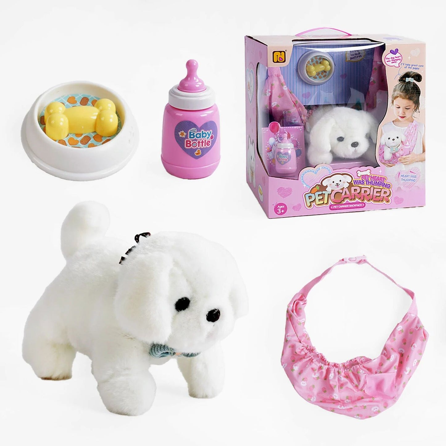 933-90 E Puppy Toy with Heartbeat Sound, Carrier Bag, Bottle & Bowl