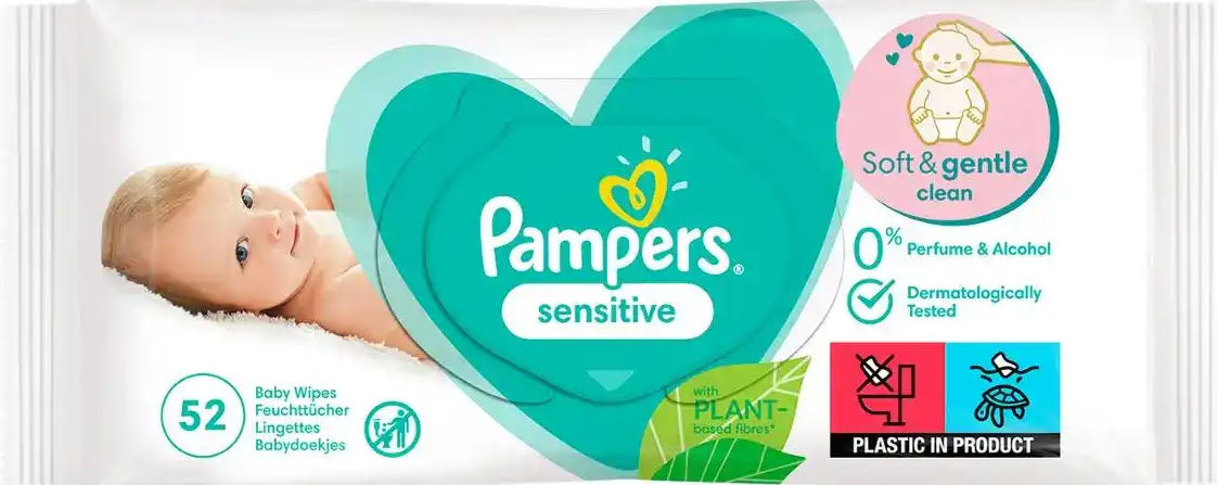 Pampers Sensitive Baby Wet Wipes with Plant-Based Fibers, 52 Pieces