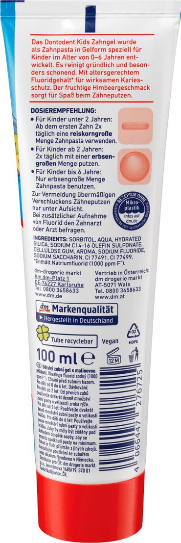Dontodent Raspberry Kids Gel Toothpaste, Ages 0-6, 100 mL - Image 2