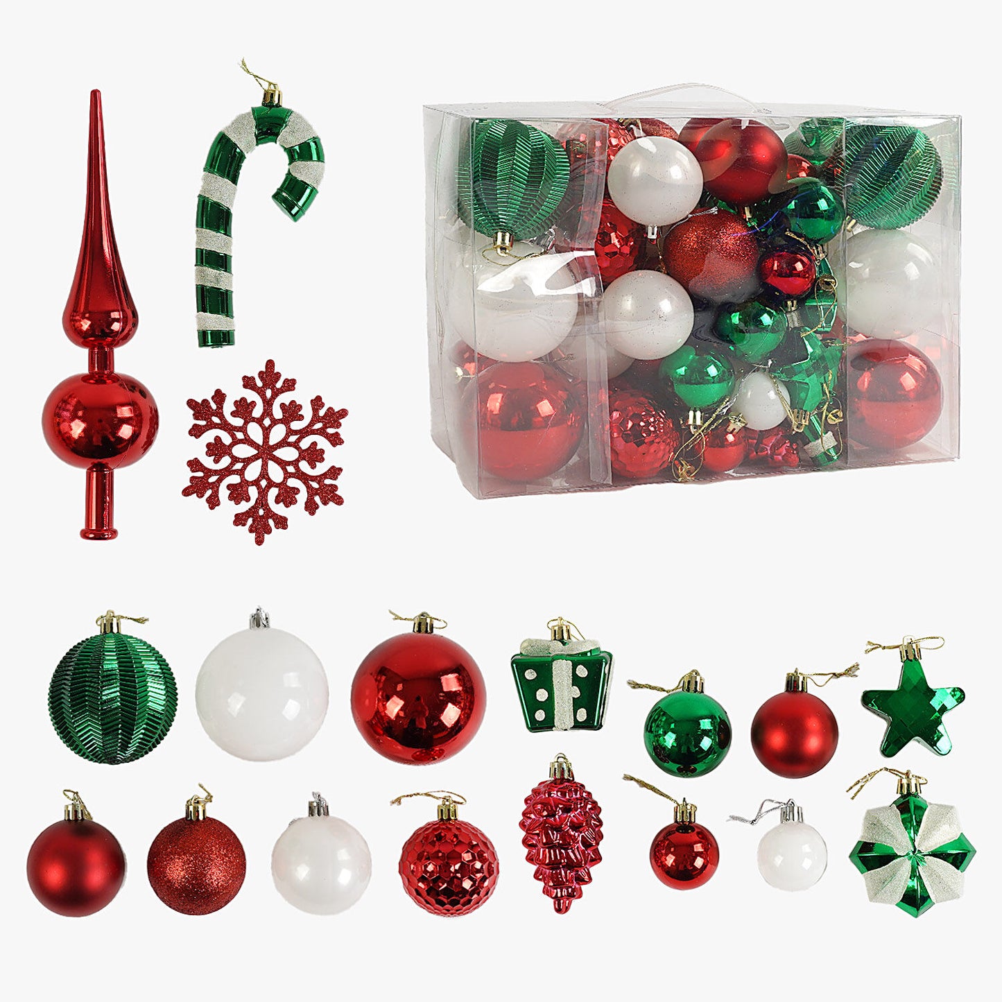 C 67531 Ball, Star, Pine Cone & Snowflake Christmas Ornament Set, 65 pcs