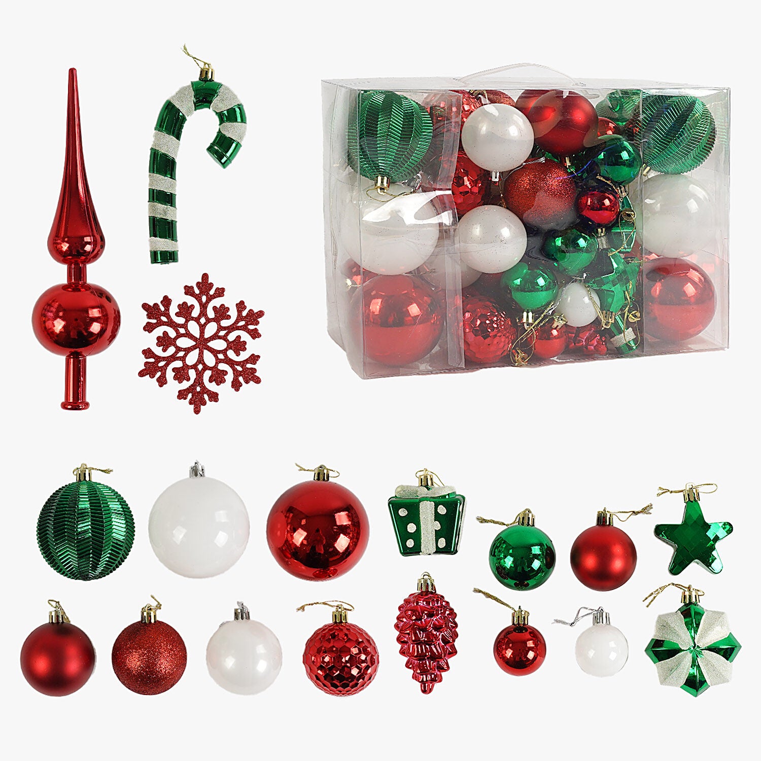 C 67531 Ball, Star, Pine Cone & Snowflake Christmas Ornament Set, 65 pcs