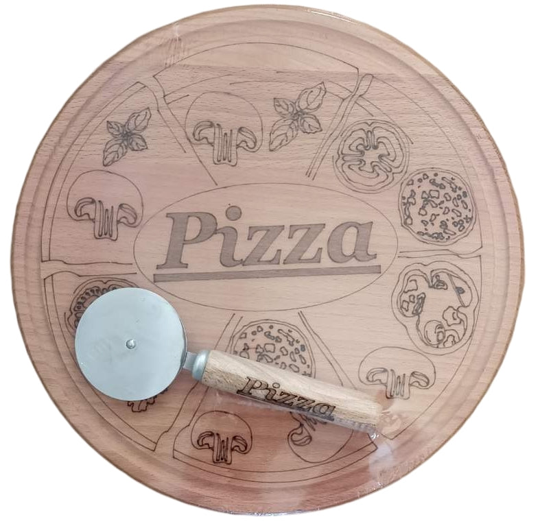 Wooden Pizza Board with Cutter, 30 cm Diameter