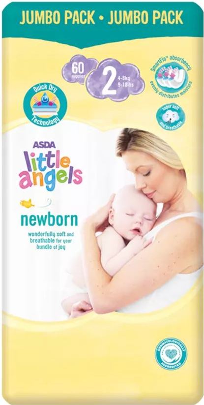 Asda Little Angels Newborn 2 Baby Diapers, 4-8 kg, 60 pcs