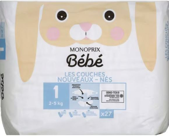 Monoprix Bebe Size 1 Baby Diapers, 2-5 kg, 27 pcs