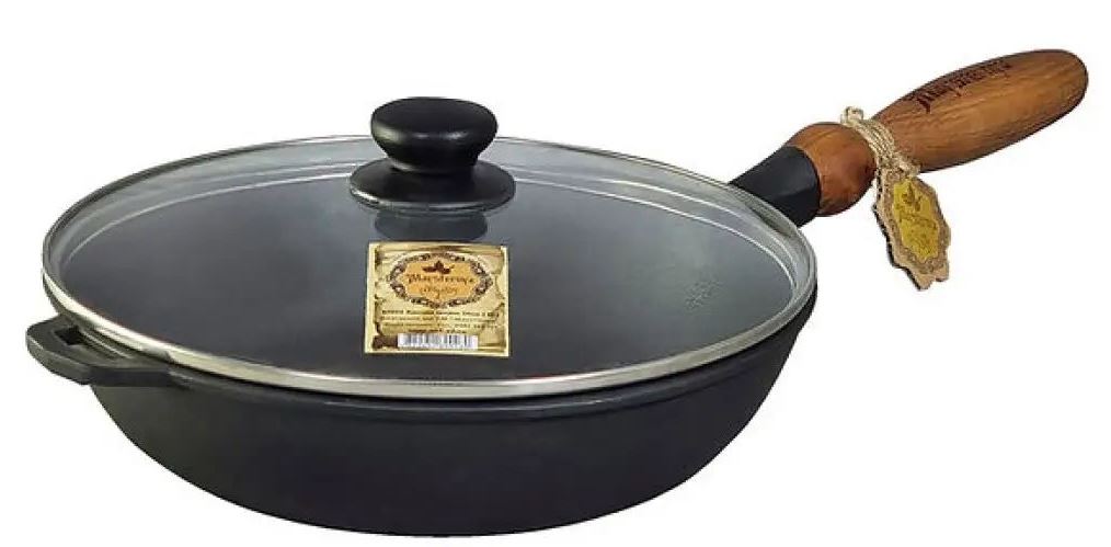 Maysternya T306C3 Cast-Iron Roasting Pan with Glass Lid & Wooden Handle, 28 x 6 cm
