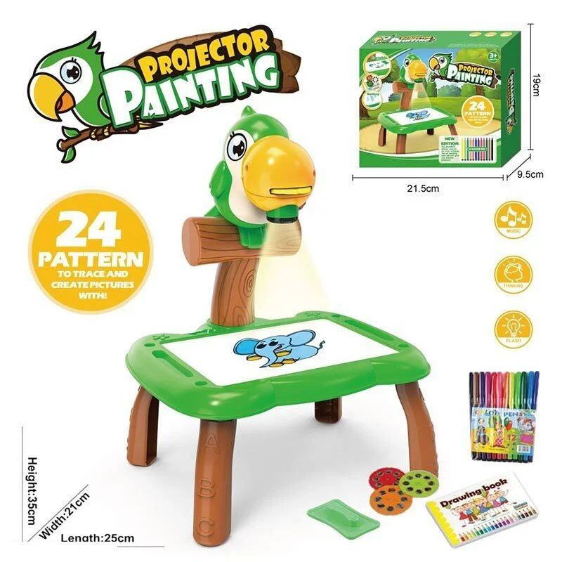 321 Parrot Projector Drawing Table with Sound, Lights, 3 Discs & 12 Markers