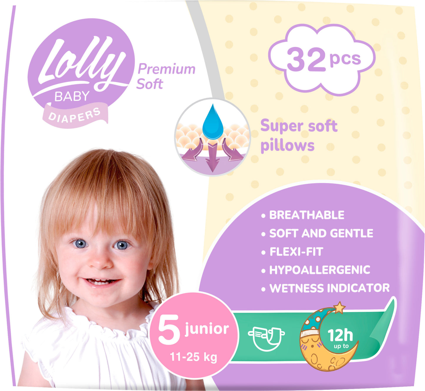 Lolly Premium Soft 5 Baby Diapers, 11-25 kg, 32 pcs