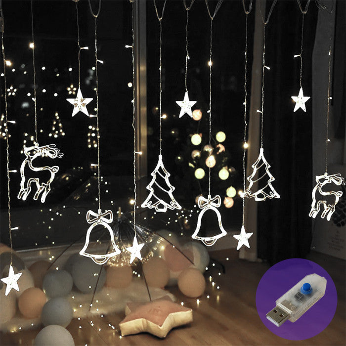 XR-9W Star, Christmas Tree, Reindeer & Bell Curtain Lights, White, 12 Figures, 3 x 1 m