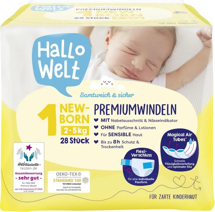 Hallo Welt Premium Size 1 Baby Diapers, 2-5 kg, 28 pcs