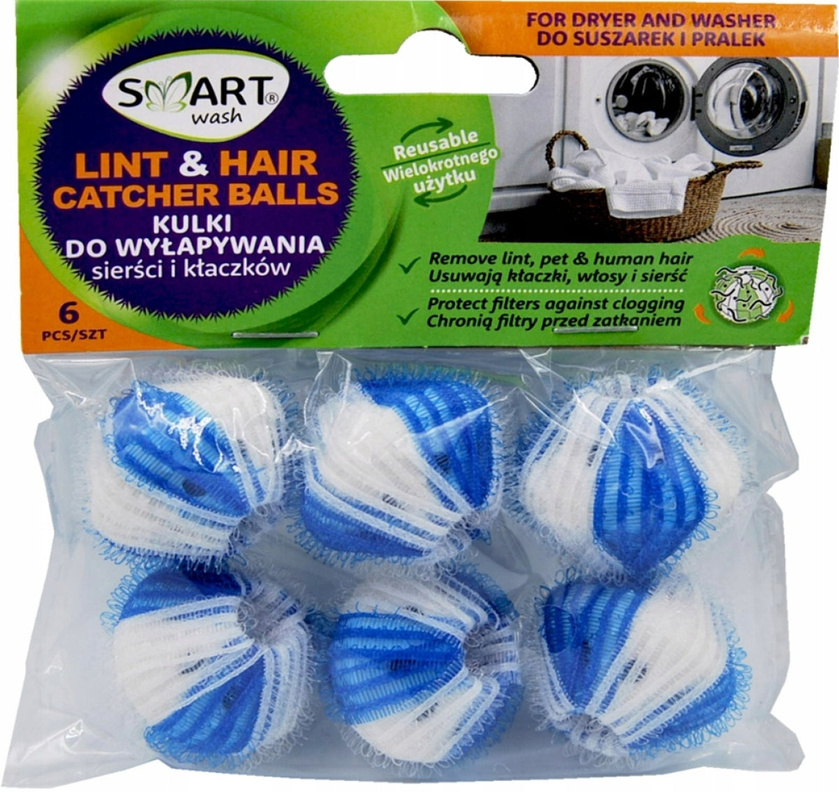 Smart Wash Laundry Lint & Pet Hair Catcher Balls, 6 pcs