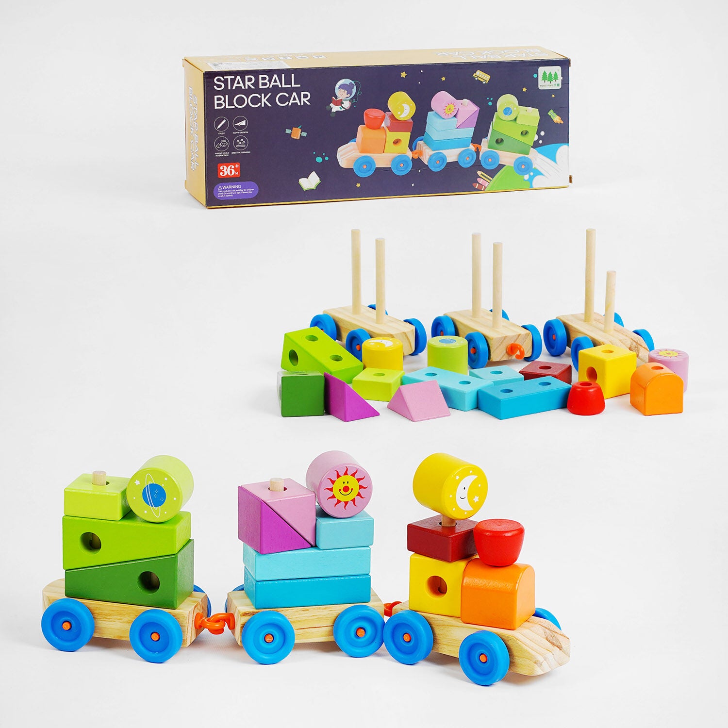 C56610 Wooden Train with 3 Moving Cars, 15 pcs