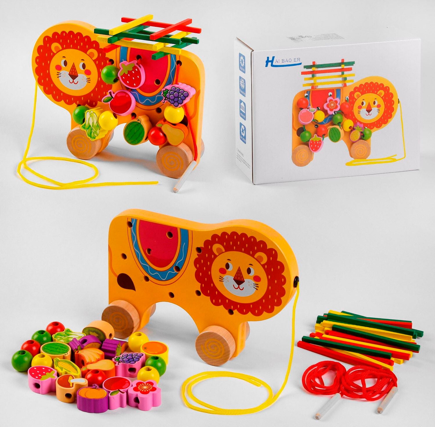 C49957 Lion Cub Wooden Push-Along Toy with Blocks