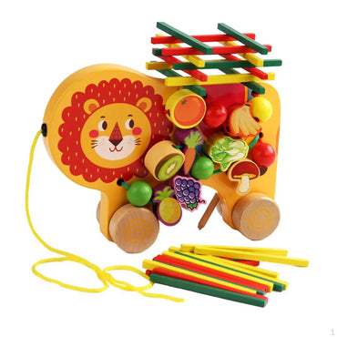 C49957 Lion Cub Wooden Push-Along Toy with Blocks - Image 2