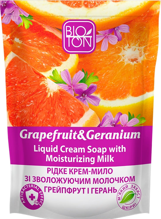 Bioton Cosmetics Grapefruit & Geranium Moisturizing Milk Liquid Cream Soap Refill Pouch, 450 mL