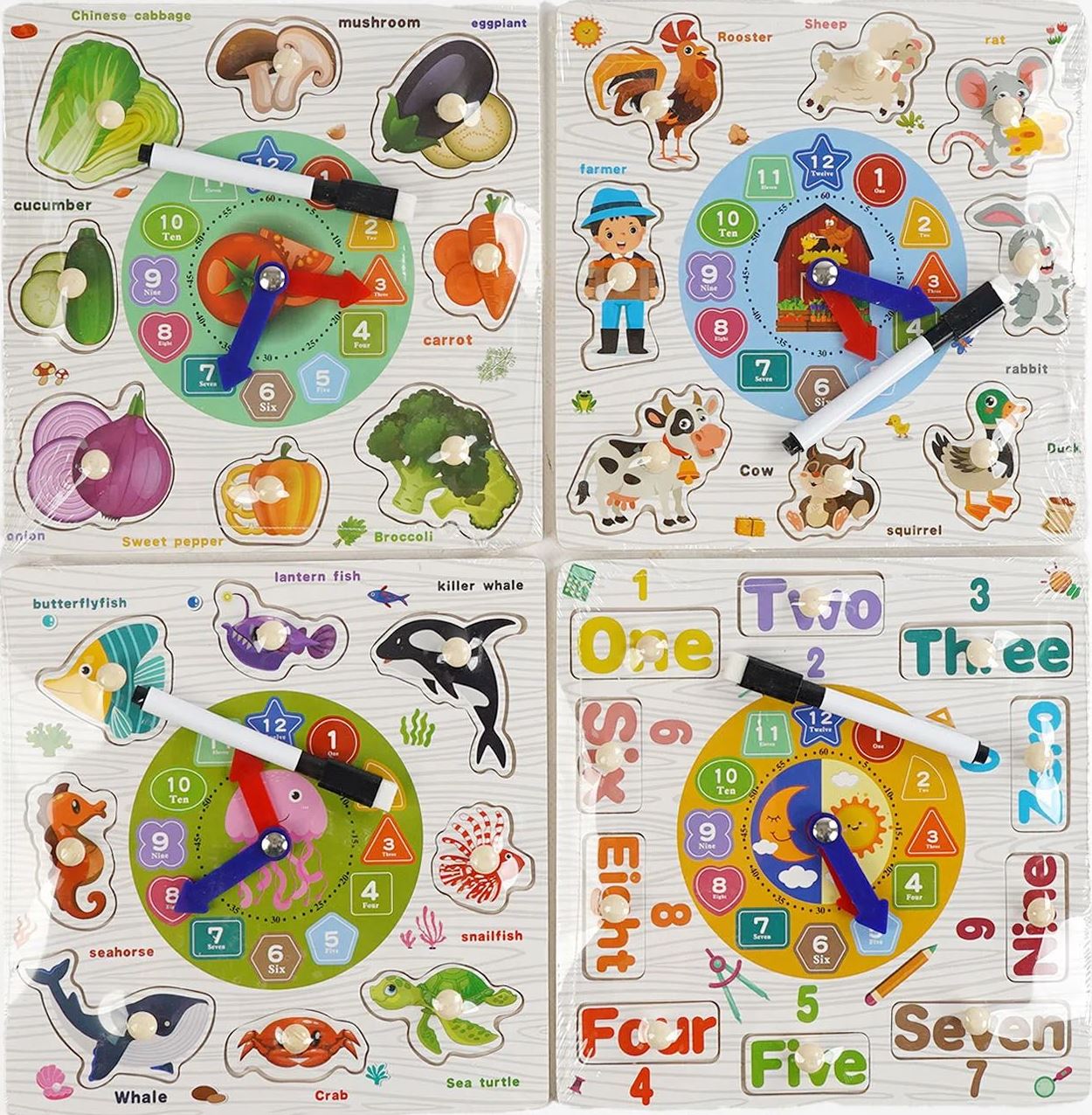 Wooden Insert Puzzle C 68284 with Clock, Drawing Board & Write-Erase Marker