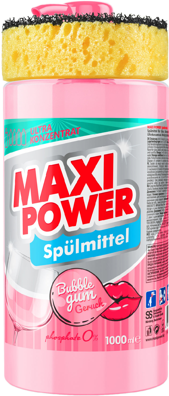 Maxi Power Bubble Gum Dishwashing Liquid with Sponge, 1000 mL