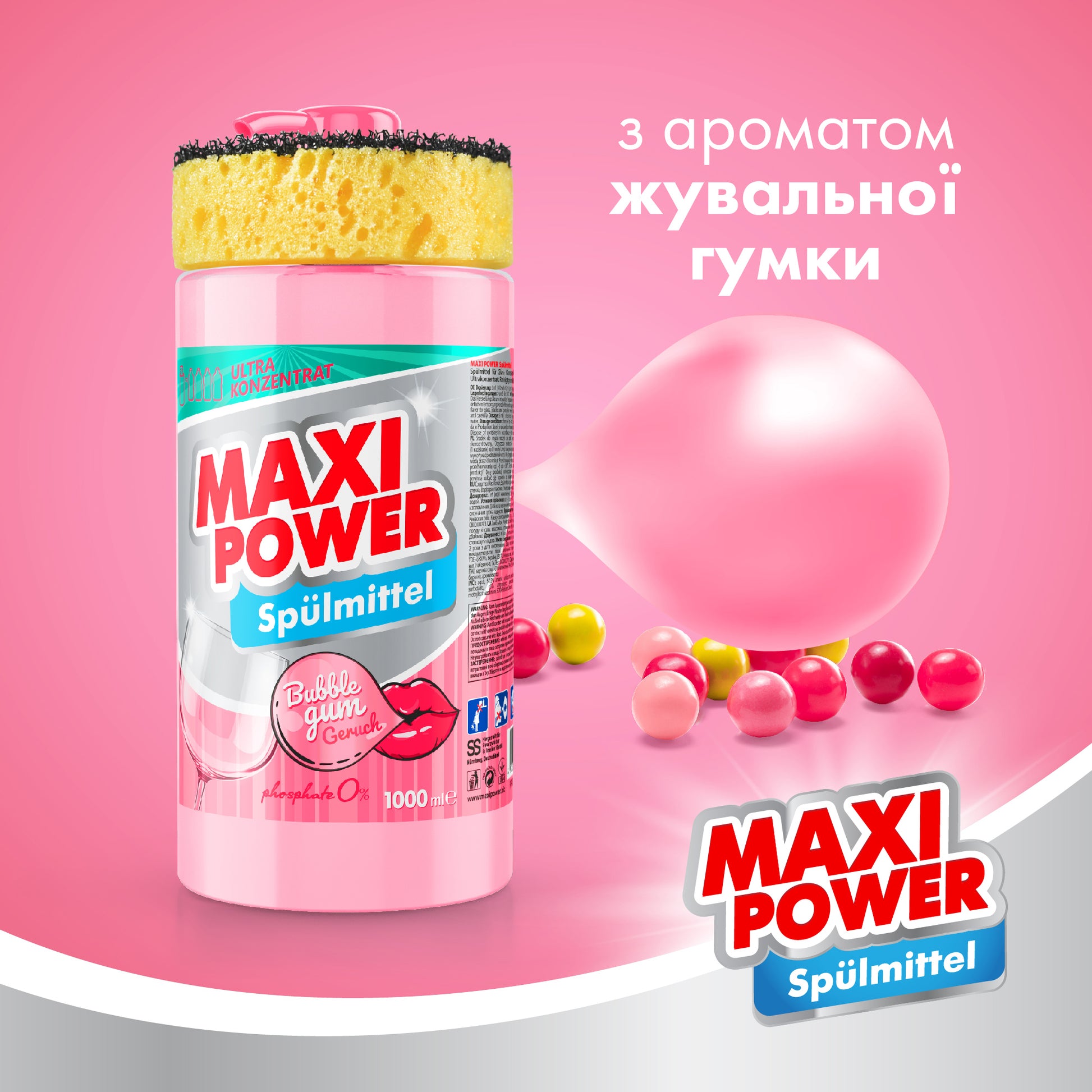 Maxi Power Bubble Gum Dishwashing Liquid with Sponge, 1000 mL - Image 2