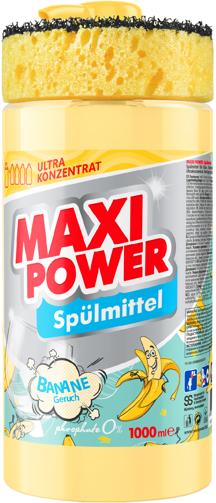 Maxi Power Banana Dishwashing Liquid with Sponge, 1000 mL