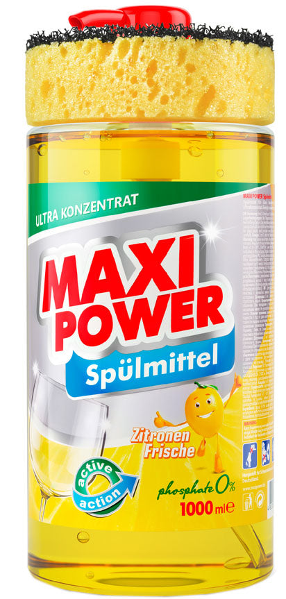 Maxi Power Lemon Dishwashing Liquid with Sponge, 1000 mL