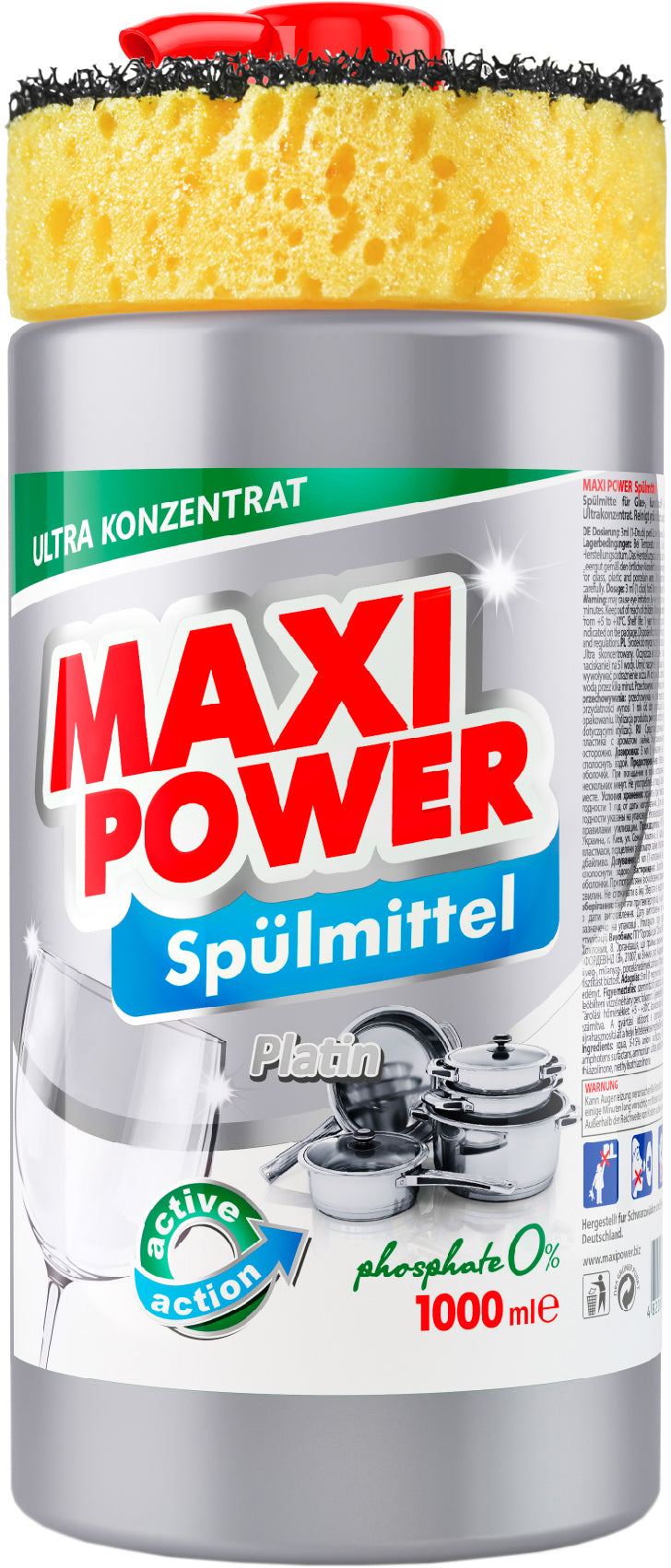 Maxi Power Platinum Dishwashing Liquid with Sponge, 1000 mL