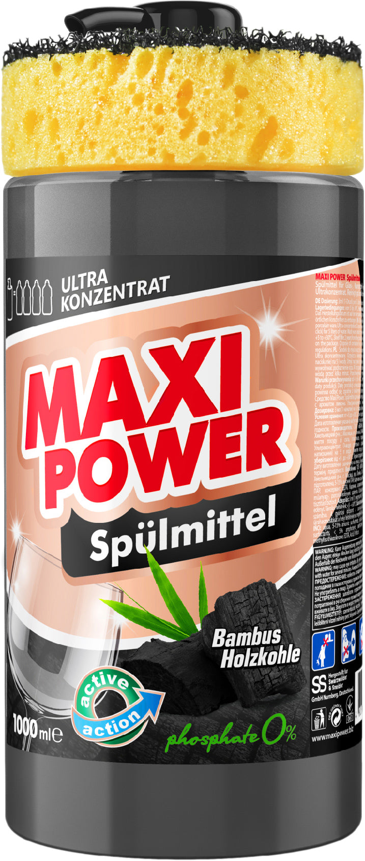 Maxi Power Black Charcoal Dishwashing Liquid with Sponge, 1000 mL