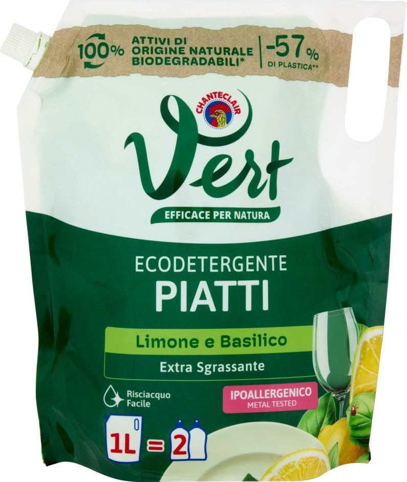 Chante Clair Vert Piatti Lemon & Basil Dishwashing Liquid Refill Pouch, 1 L