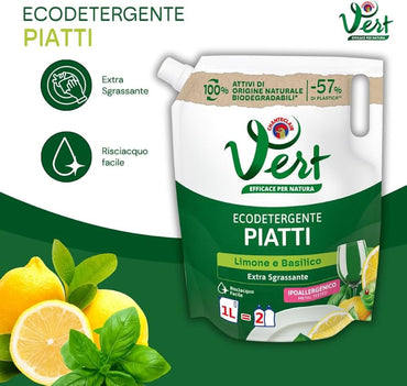 Chante Clair Vert Piatti Lemon & Basil Dishwashing Liquid Refill Pouch, 1 L - Image 2