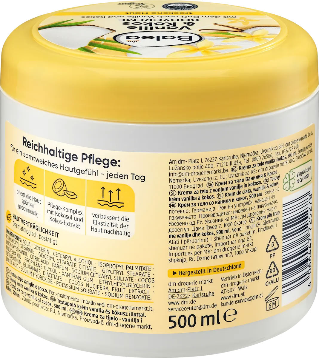 Balea Vanilla & Coconut Body Cream for Dry Skin, 500 mL - Image 2