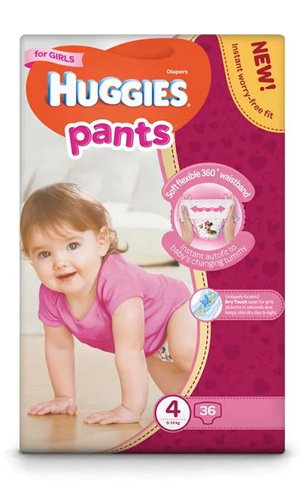 Huggies Pants Box (4) 9-14 for Girls Baby Pull-Up Diaper Pants, 36 pcs