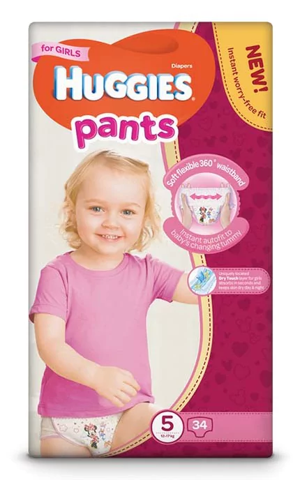 Huggies Pants Box (5) 12-17 for Girls Baby Pull-Up Diaper Pants, 34 pcs